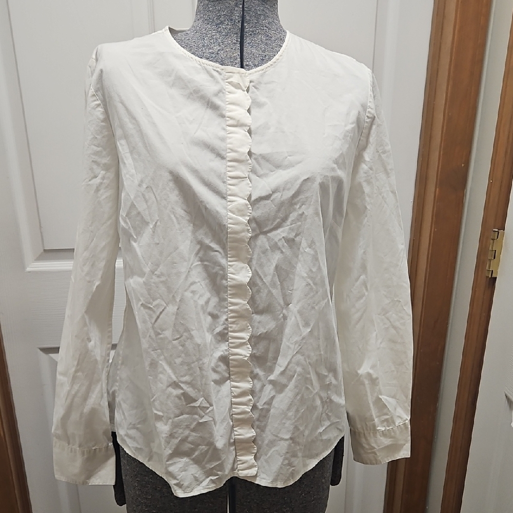 J.Crew White Scallop Button Down Cotton Blouse